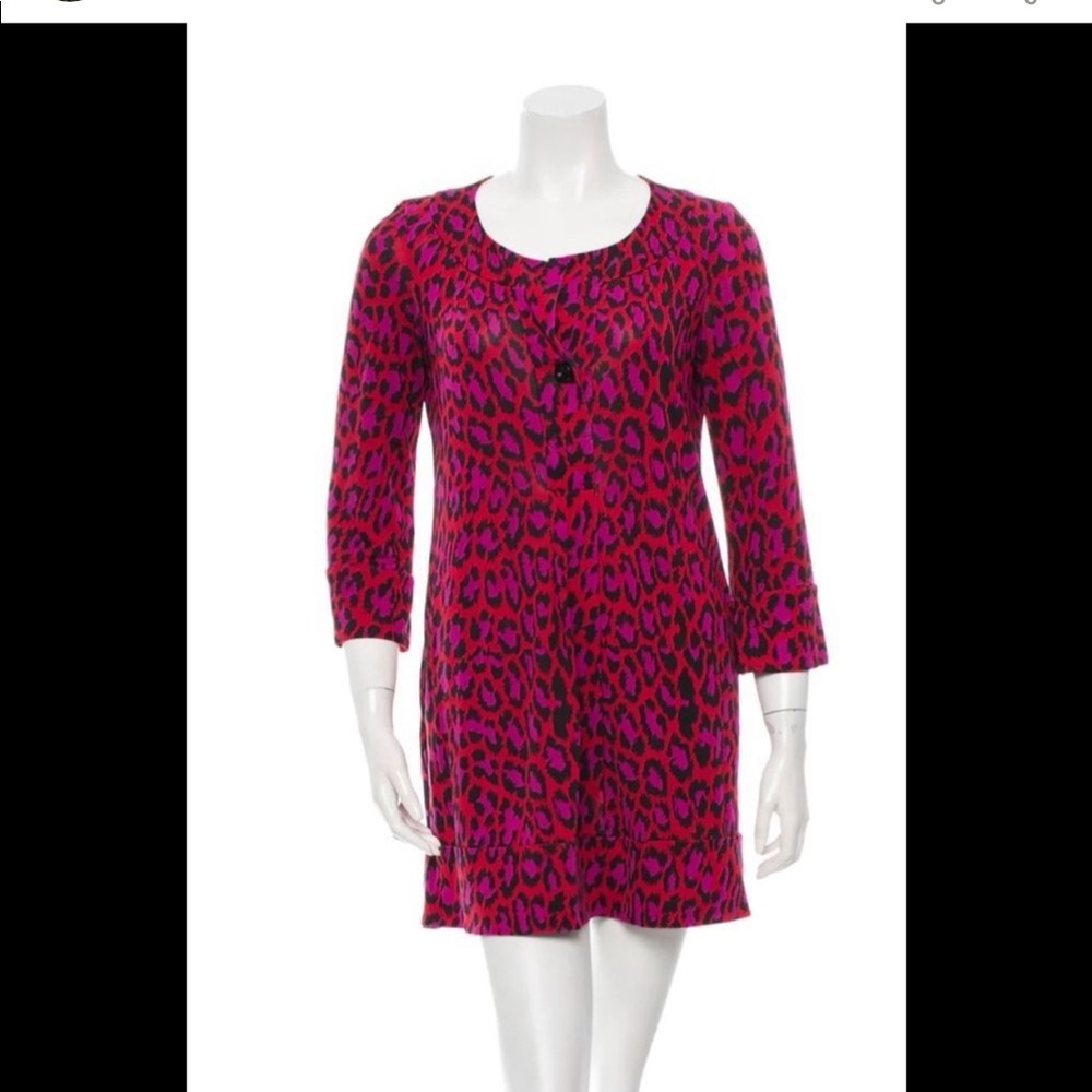 DIANE VON FURSTENBERG GABY LEOPARD RED/PINK/BLACK TUNIC SILK DRESS - 10
